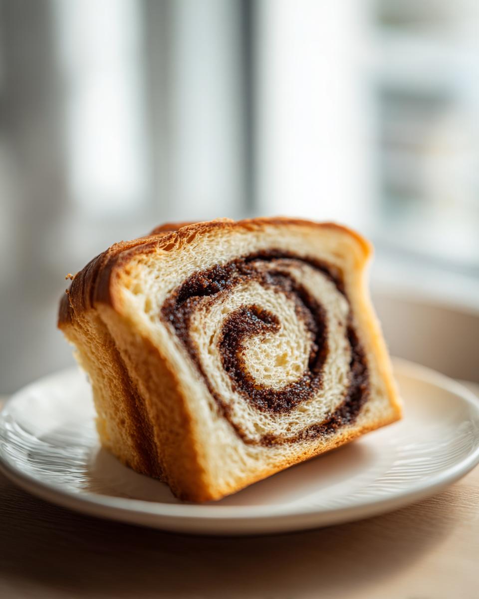 A close-up of a thick slice of sourdough cinnamon swirl bread showing the distinct dark brown swirl pattern.