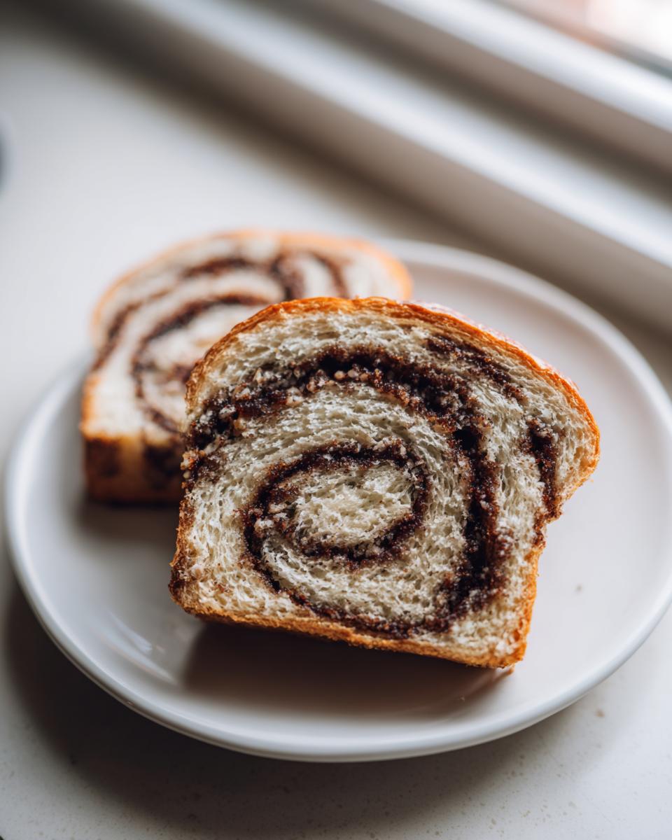 Two slices of homemade sourdough cinnamon swirl bread showing a distinct dark cinnamon swirl pattern.