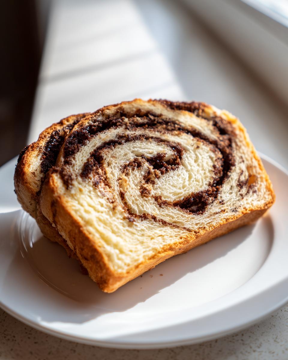 Two slices of fluffy sourdough cinnamon swirl bread showing a beautiful dark brown swirl pattern on a white plate.