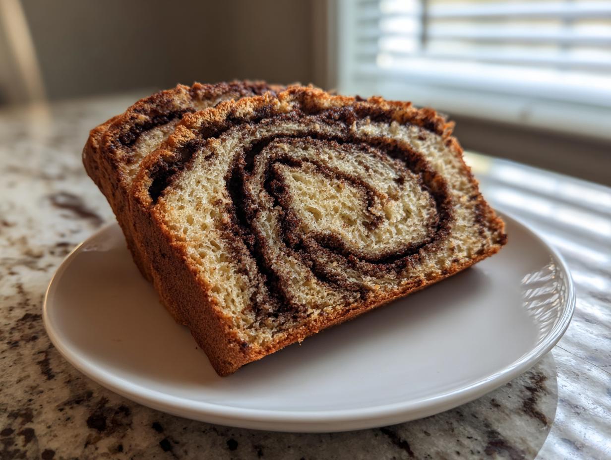 Two thick slices of sourdough cinnamon swirl bread showing a beautiful dark cinnamon spiral, served on a white plate.