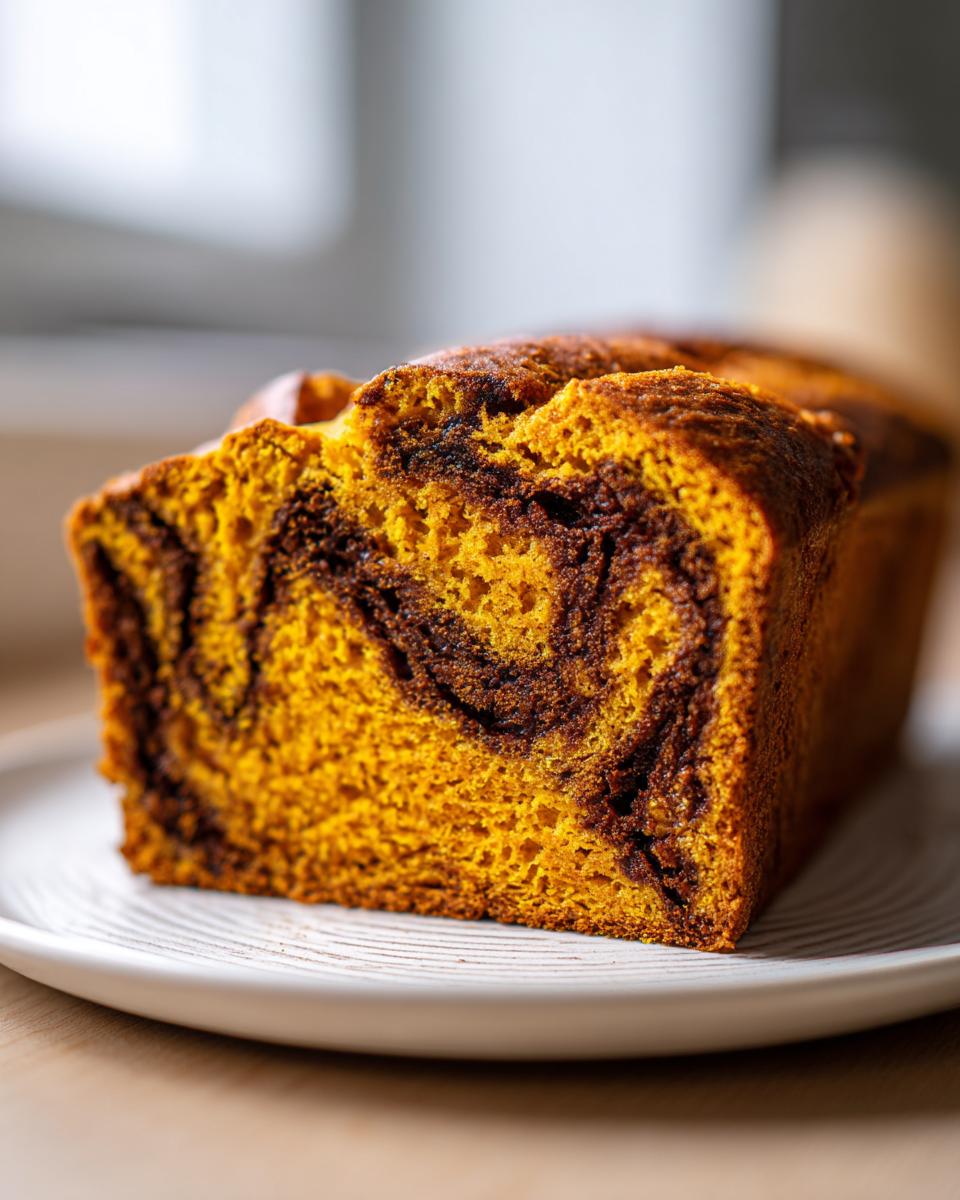 Close-up of a loaf of sourdough pumpkin cinnamon swirl bread showing the vibrant orange crumb and dark cinnamon swirl.