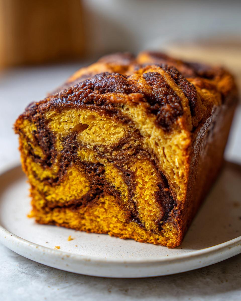 A close-up side view of a loaf of sourdough pumpkin cinnamon swirl bread showing the vibrant orange crumb and dark cinnamon swirl.