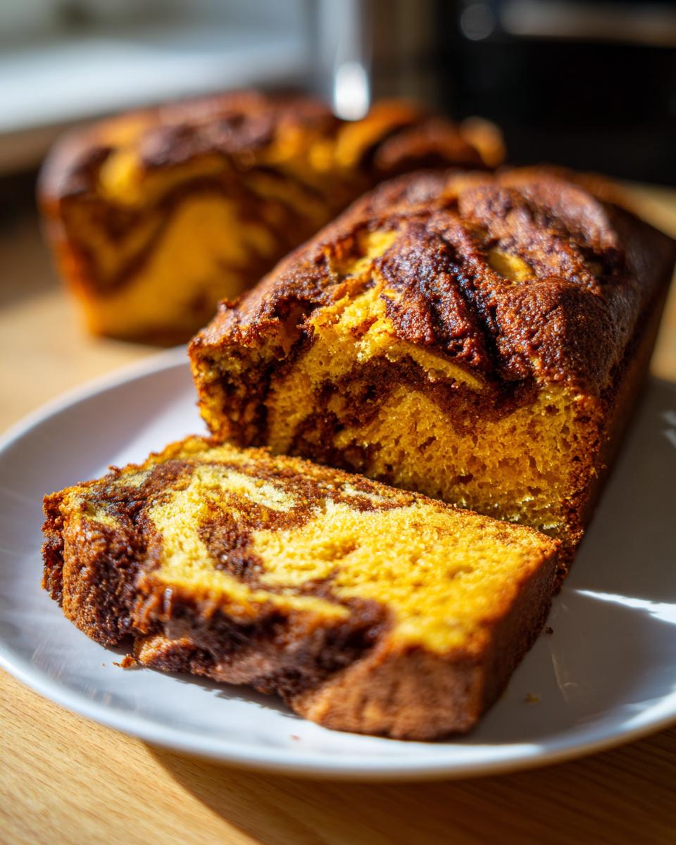A close-up of a slice of sourdough pumpkin cinnamon swirl bread showing the vibrant orange crumb and dark cinnamon swirl.