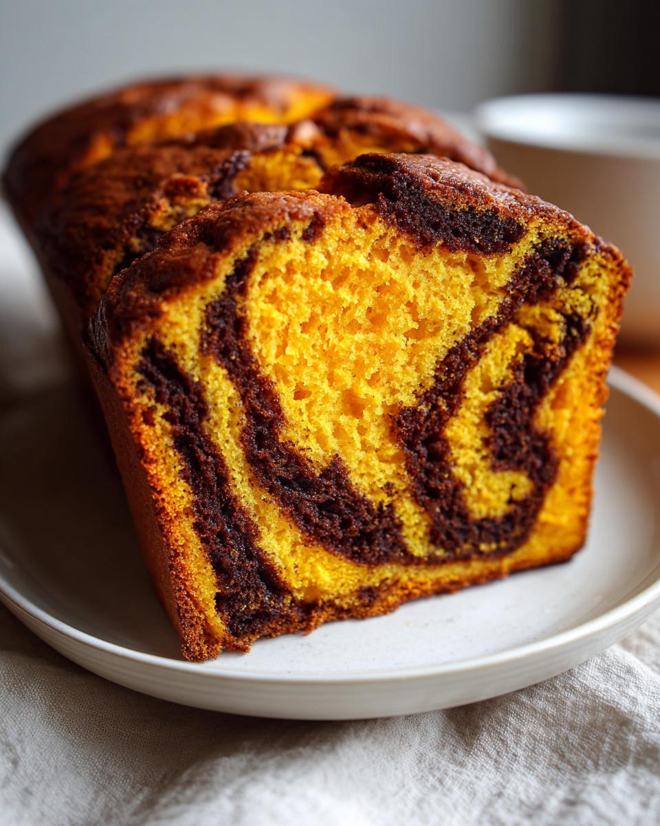 Close-up of a slice of sourdough pumpkin cinnamon swirl bread showing vibrant orange pumpkin batter swirled with dark chocolate batter.