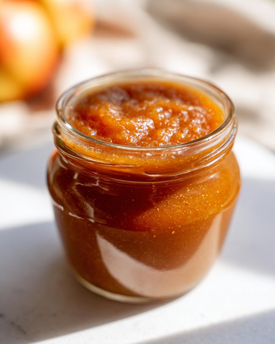 Close-up of a glass jar filled with rich, dark orange spiced pear butter, glistening in the sunlight.