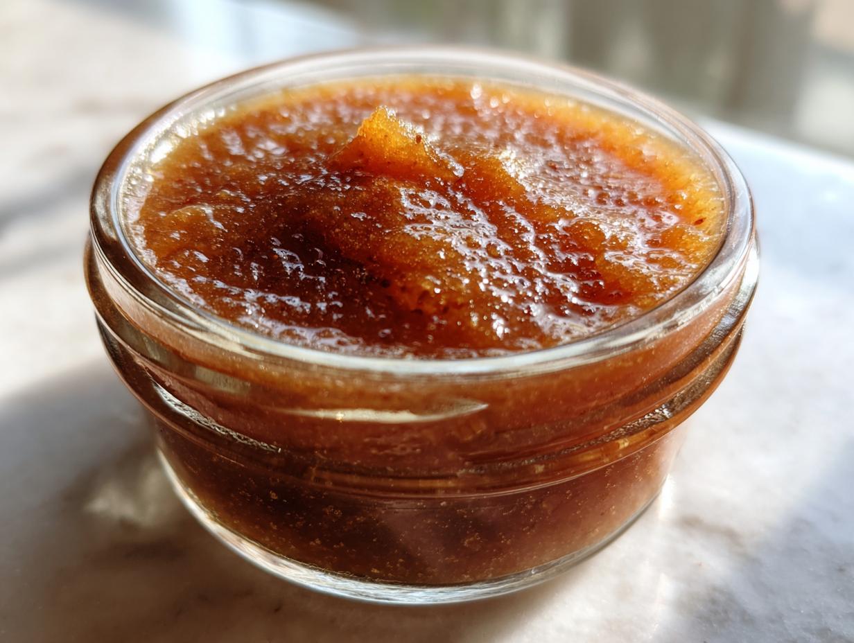 A close-up shot of thick, dark brown spiced pear butter filling a small glass jar, glistening in the light.