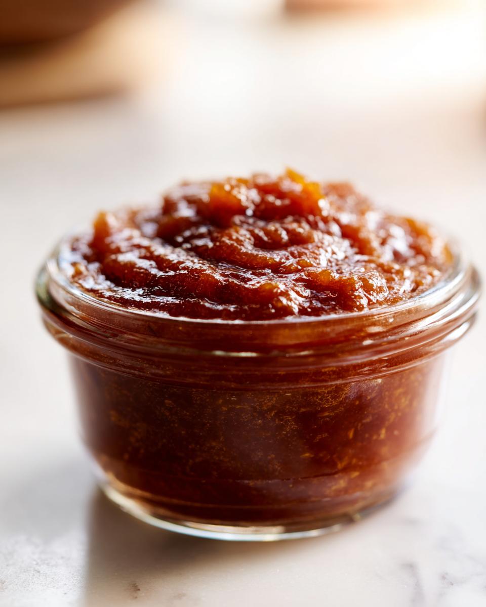 Close-up of thick, dark brown spiced pear butter filling a small glass jar on a light surface.