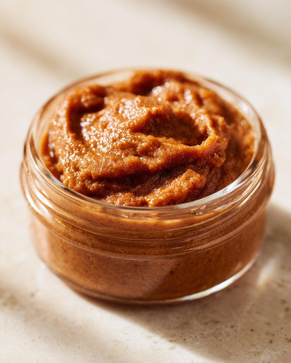 Close-up of rich, thick, spiced pear butter filling a small glass jar, ready for canning.