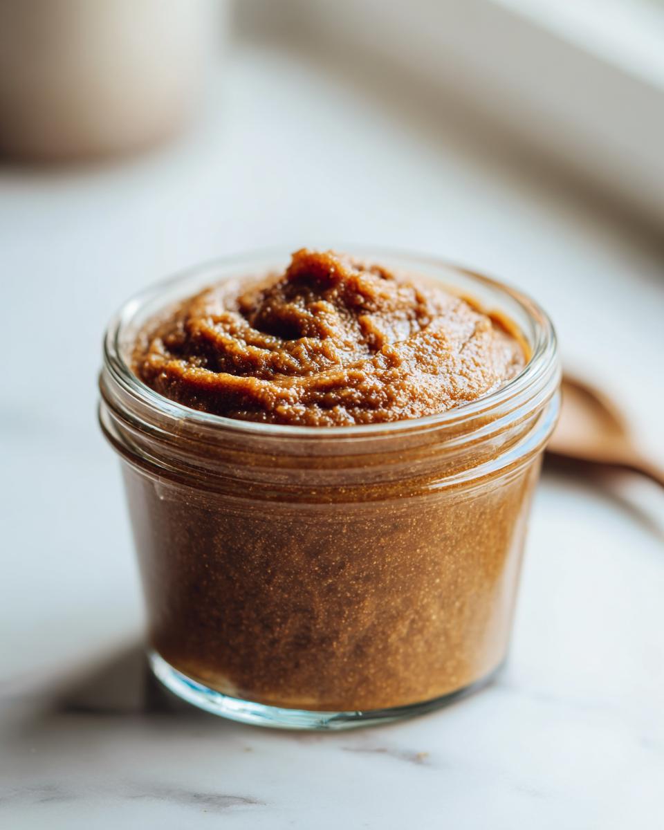 Close-up of rich, spiced pear butter filling a small glass canning jar on a white marble surface.
