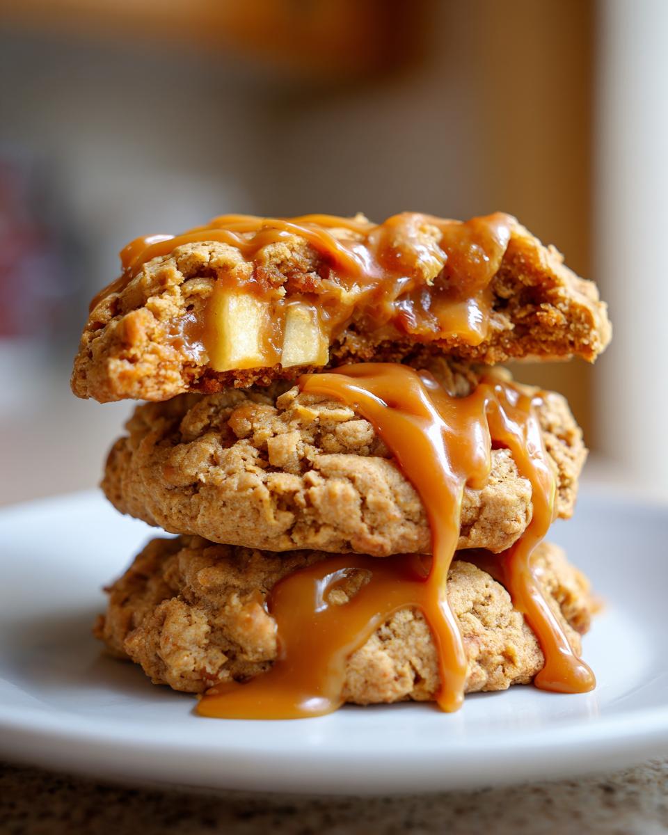 A stack of three oatmeal caramel apple cookies generously drizzled with thick caramel sauce.