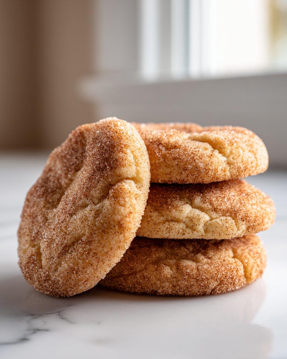 A stack of three soft, thick churro cookies coated in cinnamon sugar sitting on a white marble surface.