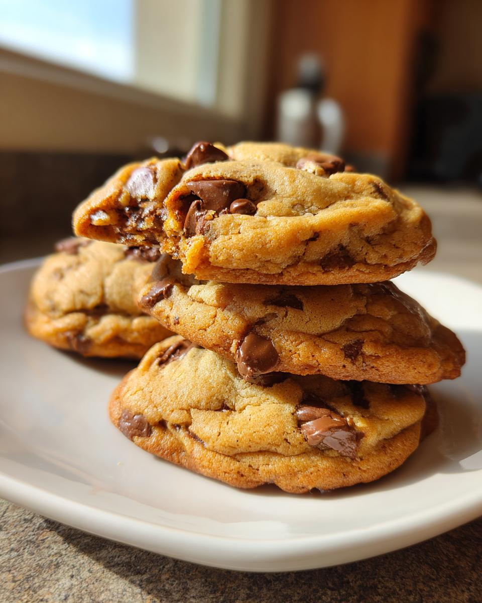 A stack of three thick, chewy chocolate chip cookies recipe treats, with the top one broken open to show melted chocolate.