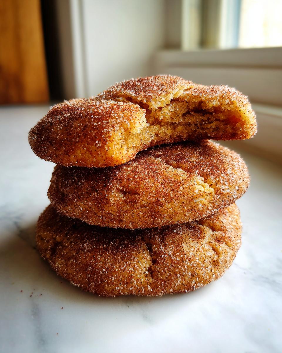 A stack of three soft churro cookies, with the top one broken open to show the texture, coated heavily in cinnamon sugar.