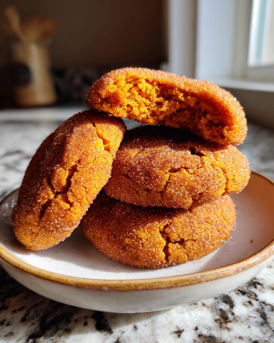 A stack of four soft, orange pumpkin snickerdoodles coated in cinnamon sugar, one broken open to show the texture.