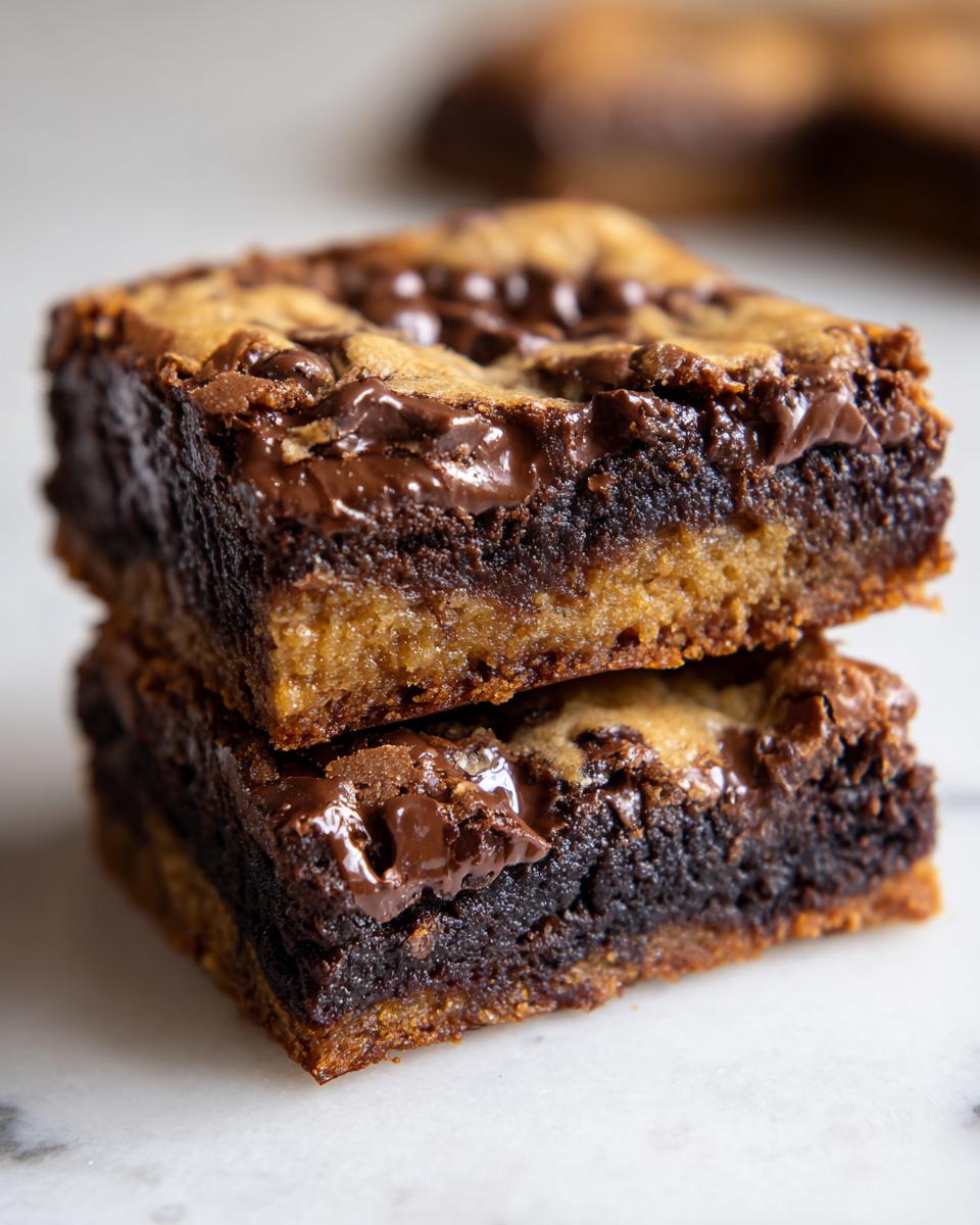 Two stacked brookies showing a dense brownie layer topped with a gooey chocolate chip cookie layer.