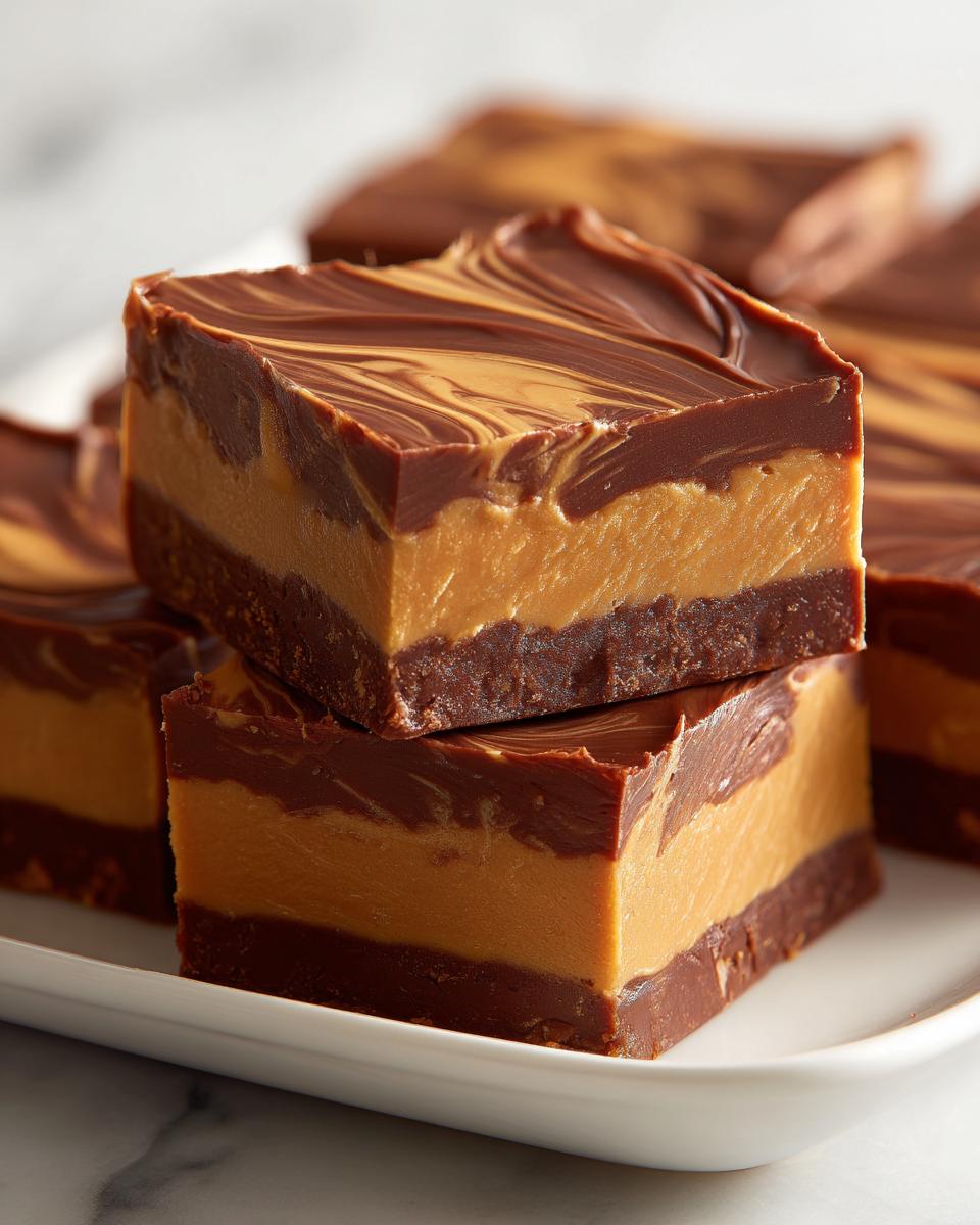 Two squares of layered chocolate peanut butter fudge stacked on a white plate, featuring a marbled top.