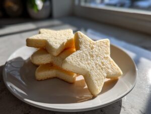 A stack of soft, pale yellow, star-shaped sugar cookies resting on a white plate, highlighted by bright sunlight.
