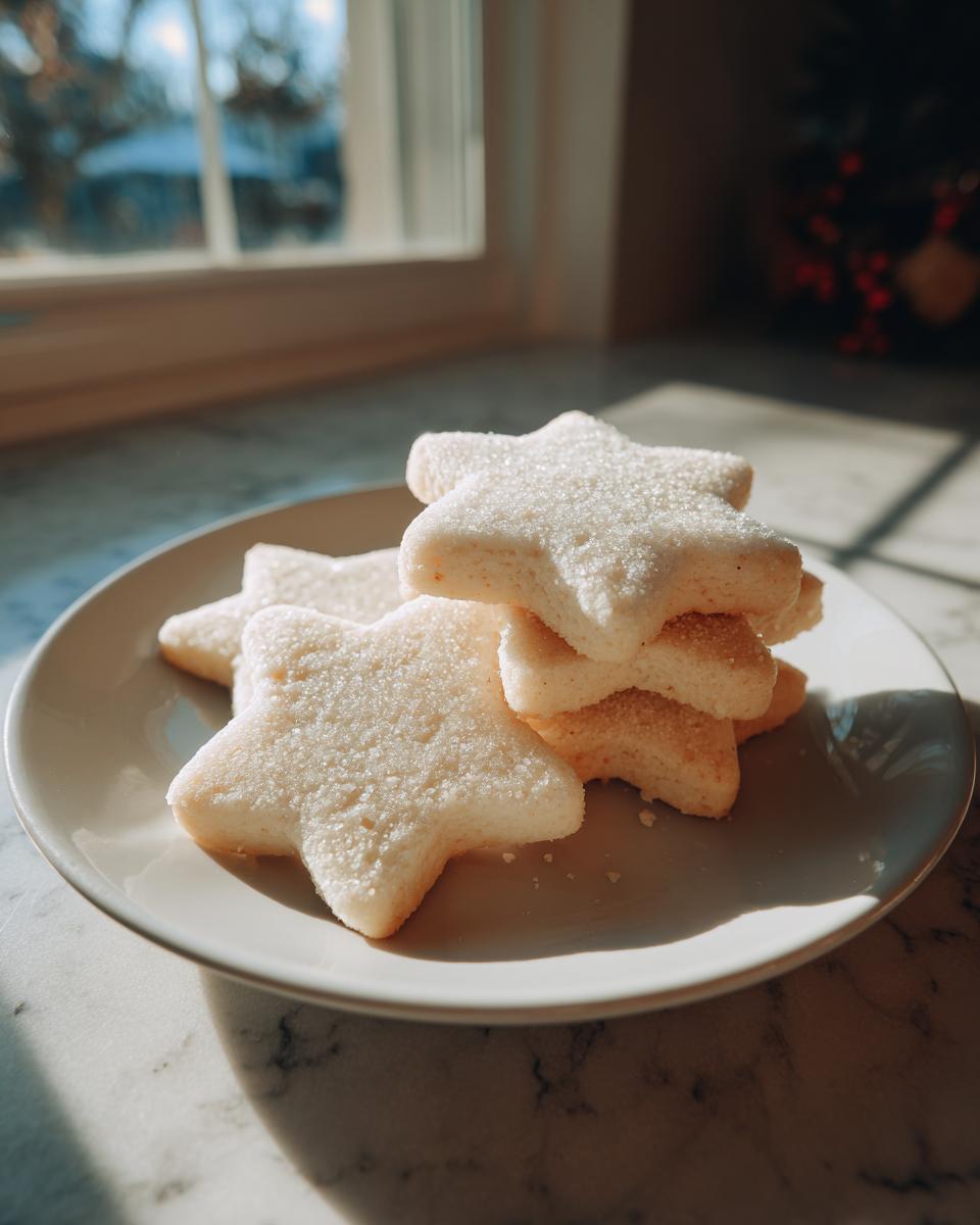 A stack of soft, star-shaped sugar cookies dusted with sparkling sugar on a plate.