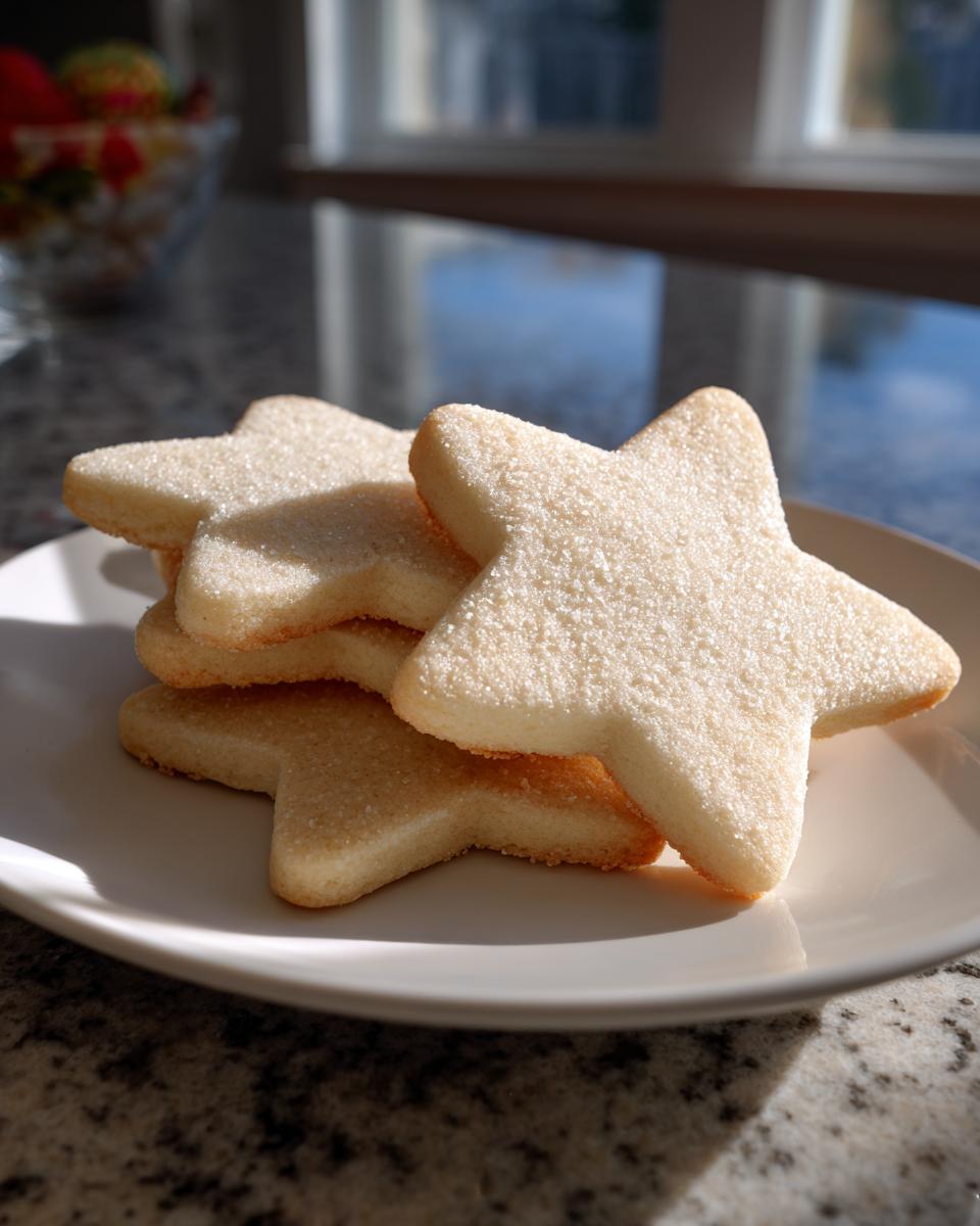A stack of soft, star-shaped sugar cookies dusted with sparkling sugar on a white plate.
