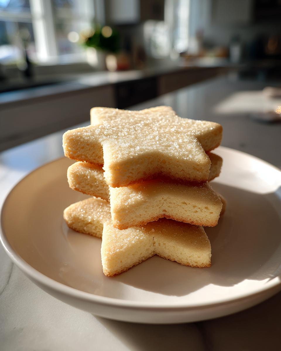 A stack of four soft, star-shaped sugar cookies sprinkled with sugar, resting on a light plate.