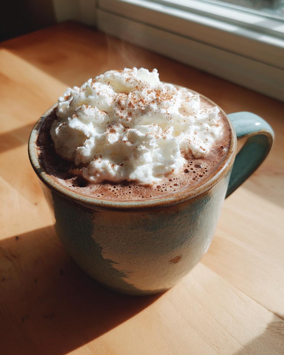 A steaming mug of rich crockpot hot chocolate topped high with whipped cream and cinnamon.