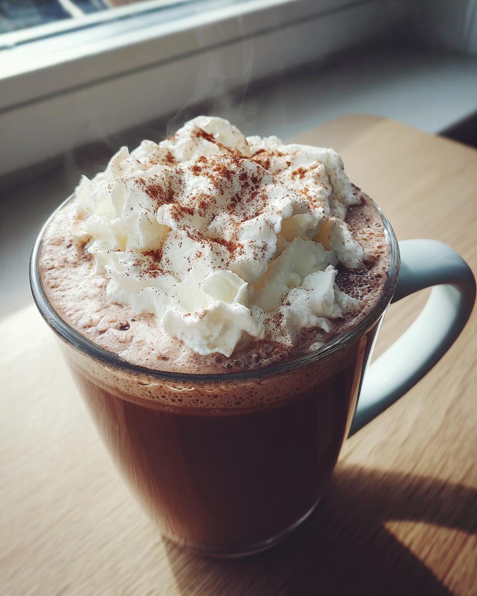 A steaming mug of rich crockpot hot chocolate topped generously with whipped cream and cinnamon.