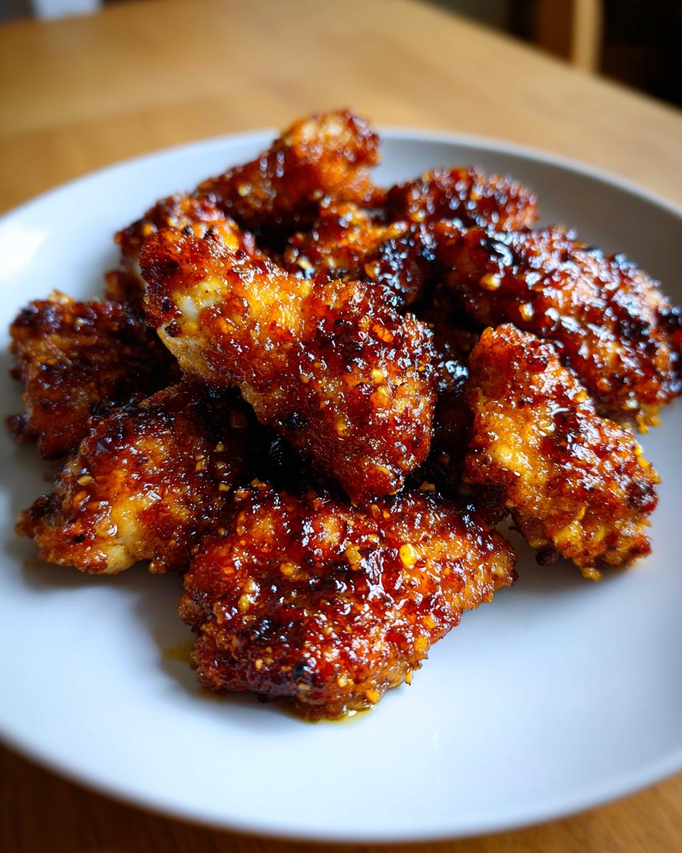 Close-up of crispy, glazed honey dijon chicken wings piled on a white plate.