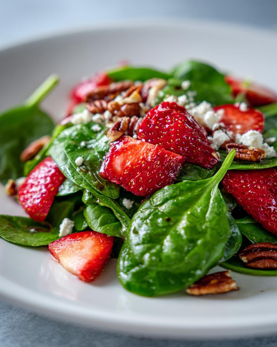 Close-up of a fresh spinach salad featuring sliced strawberries, pecans, and feta cheese.