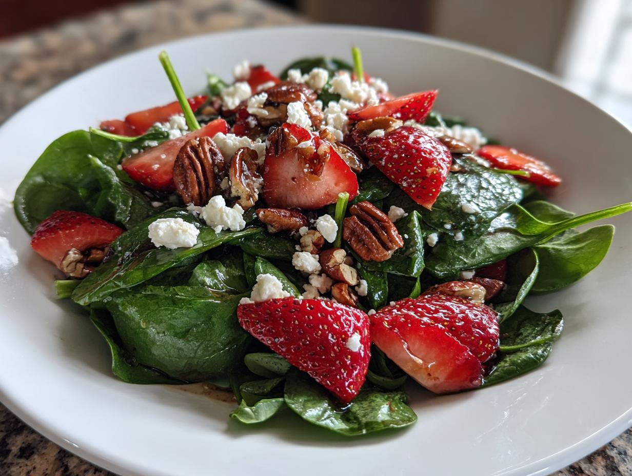 A vibrant spinach salad topped with sliced strawberries, pecans, and crumbled feta cheese.