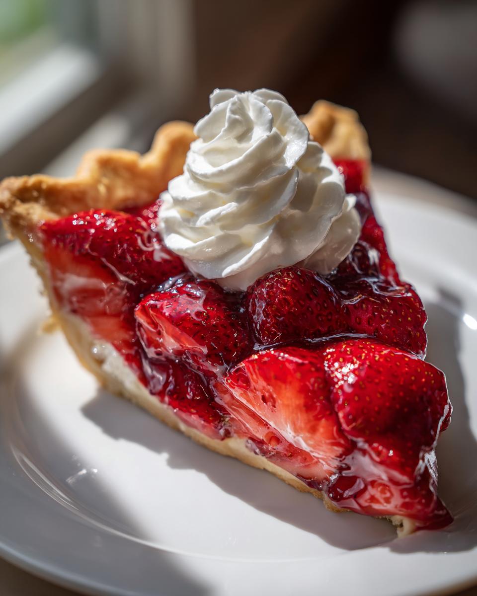 Close-up of a glistening slice of strawberry pie topped with a swirl of fresh whipped cream.