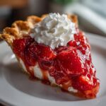 Close-up of a decadent slice of strawberry pie topped with glossy strawberries and a dollop of whipped cream.