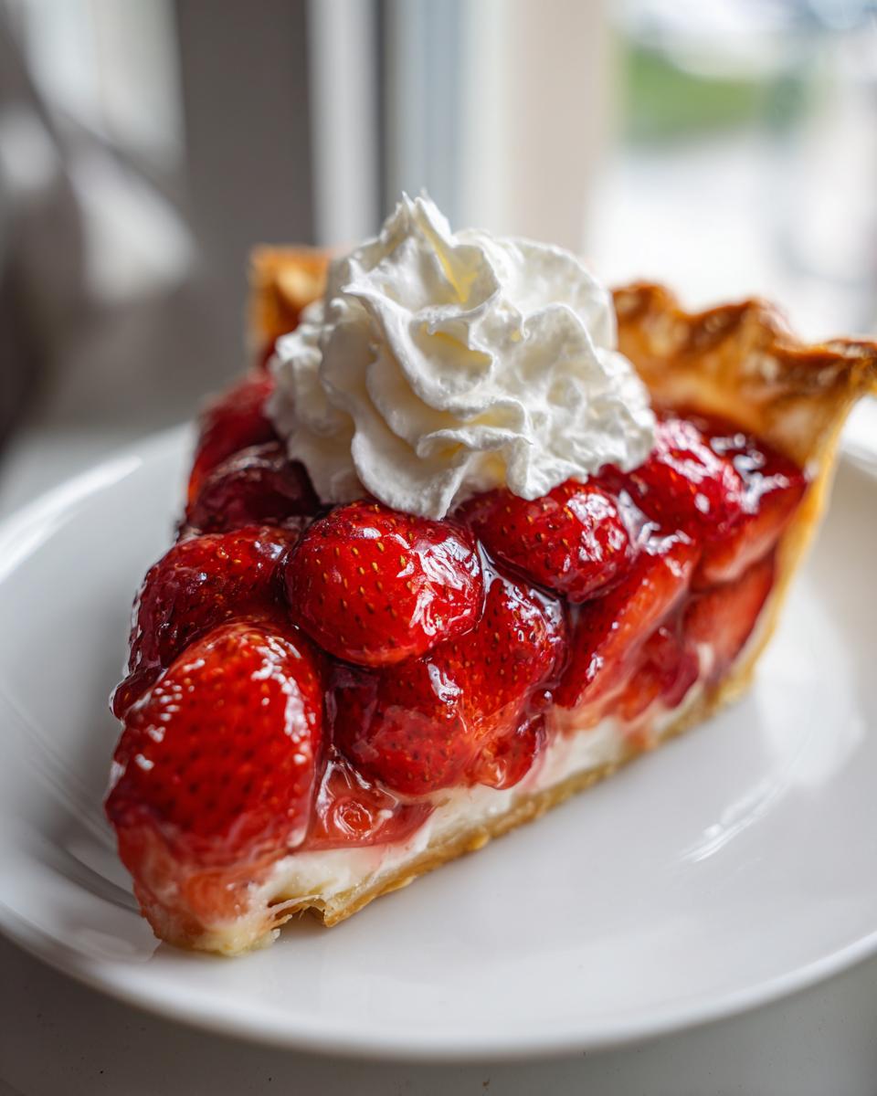 A close-up of a perfect slice of strawberry pie topped with fresh whipped cream.