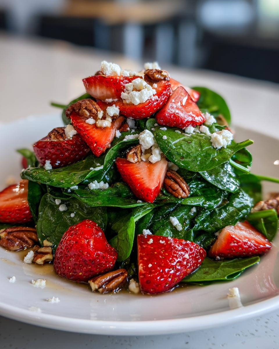 A vibrant mound of spinach salad topped with sliced strawberries, crumbled feta cheese, and pecans.