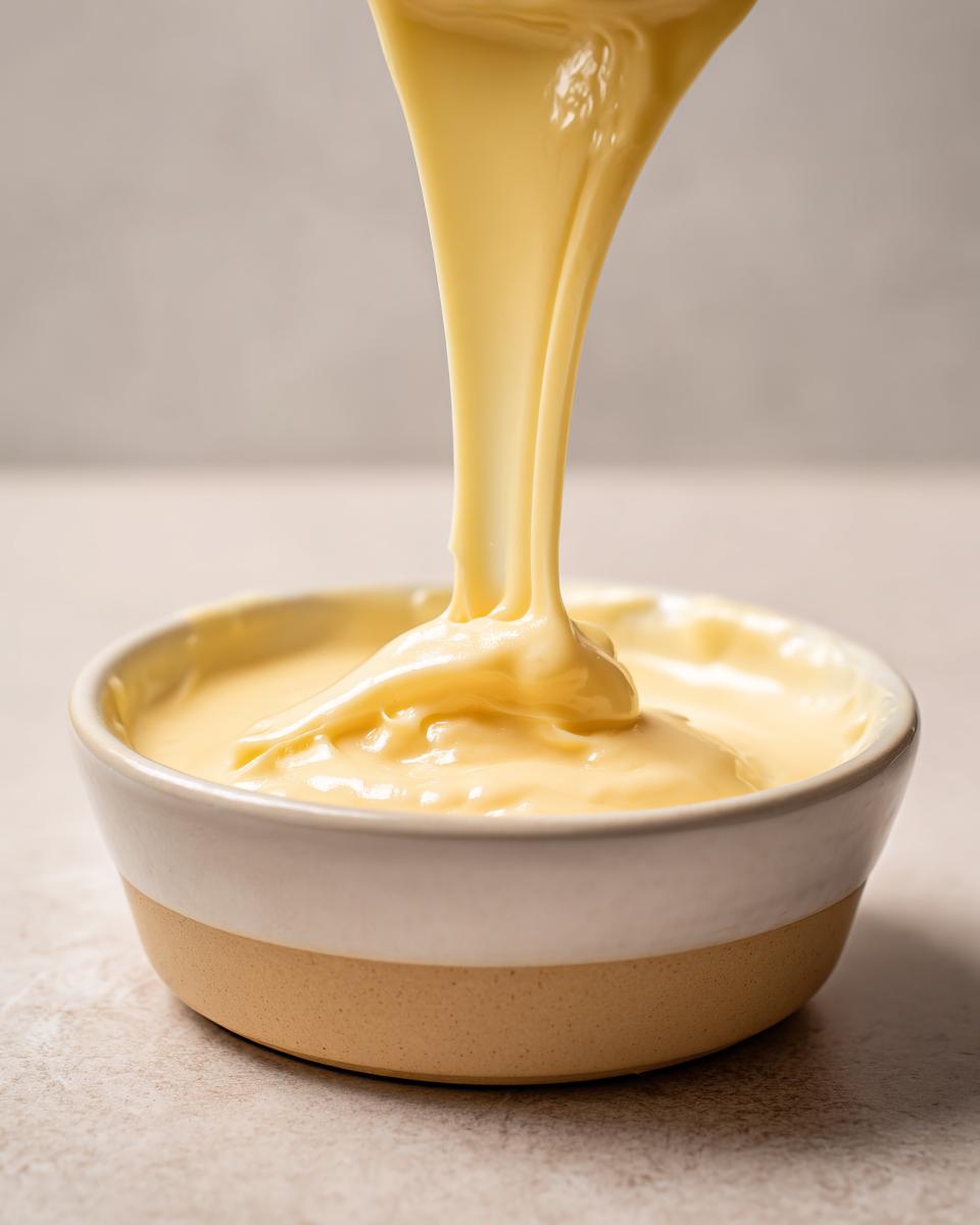 Close-up of thick, creamy melting pot cheese fondue being poured into a small ceramic bowl.