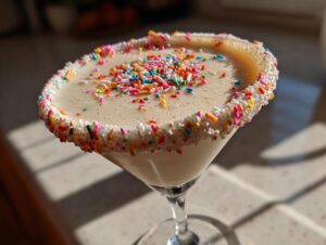 Close-up of a creamy sugar cookie martini in a glass with a colorful sprinkle-rim.