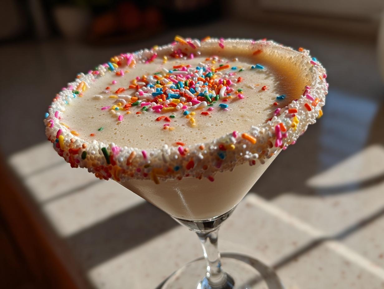 Close-up of a creamy sugar cookie martini in a glass with a colorful sprinkle-rim.
