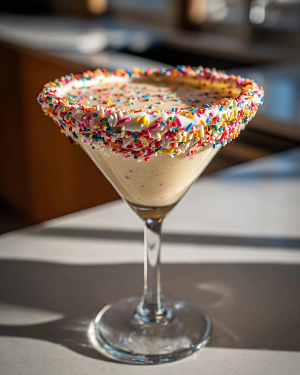 A creamy sugar cookie martini in a stemmed glass, heavily rimmed with colorful rainbow sprinkles.