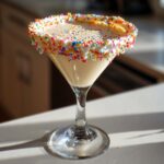 A creamy sugar cookie martini in a glass, featuring a thick white frosting rim covered in colorful rainbow sprinkles.