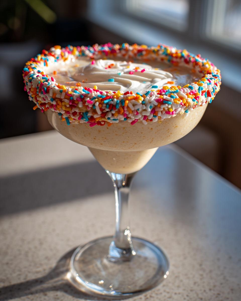 A creamy sugar cookie martini in a glass, topped with whipped cream and a colorful sprinkle rim.