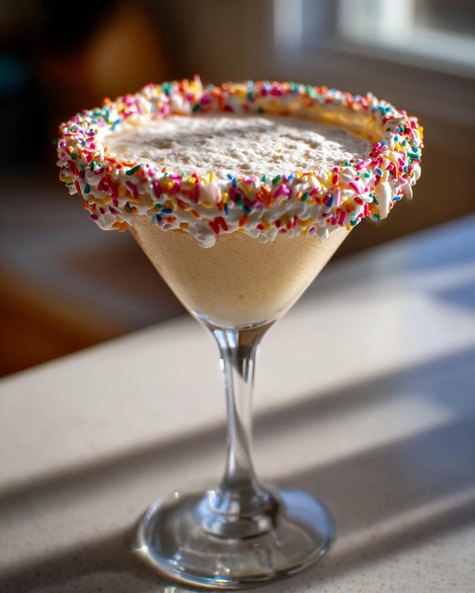 A creamy sugar cookie martini in a stemmed glass, rimmed with white frosting and colorful rainbow sprinkles.