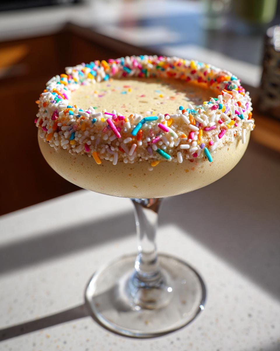 A creamy sugar cookie martini in a coupe glass with a thick rim coated in colorful rainbow sprinkles.