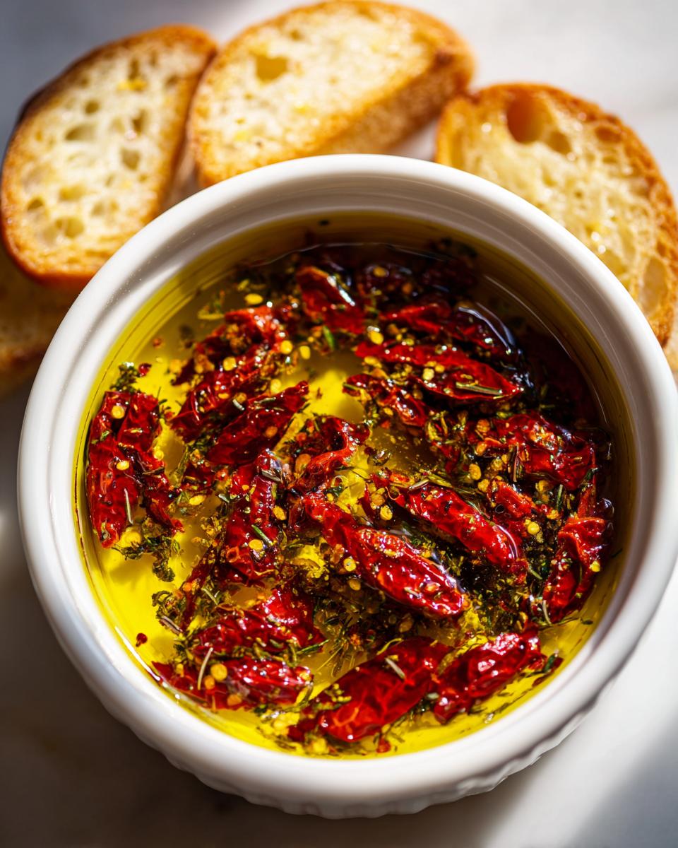 Close-up of sun-dried tomato olive oil bread dip with herbs, served with toasted bread slices.