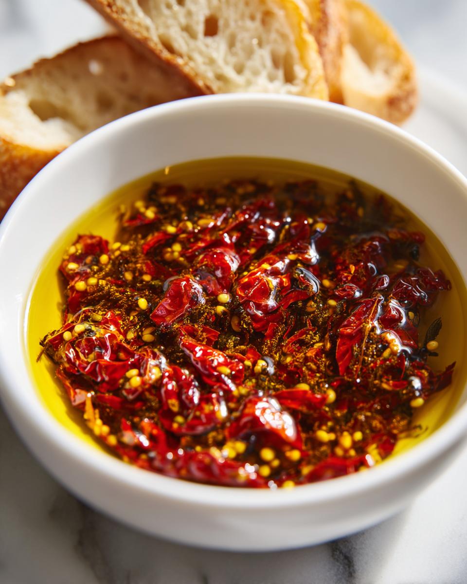 Close-up of a white bowl filled with sun-dried tomato olive oil bread dip, featuring vibrant red tomatoes and seeds in golden oil.