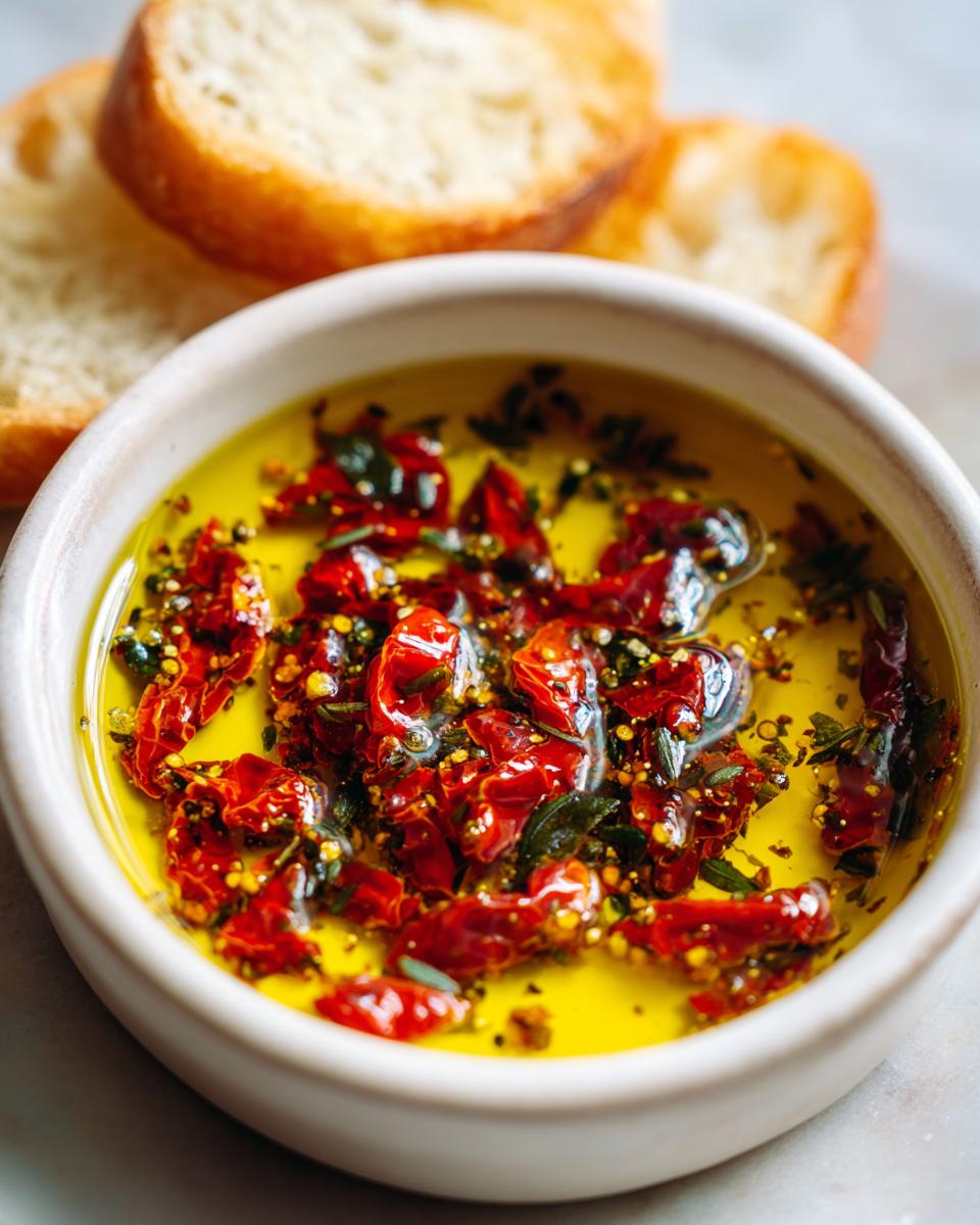 Close-up of sun-dried tomato olive oil bread dip with herbs, served with slices of toasted bread.