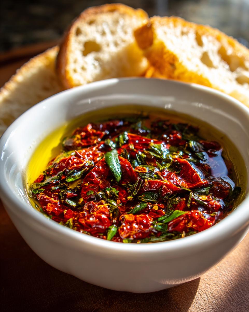 Close-up of sun-dried tomato olive oil bread dip with herbs in a white bowl, served with crusty bread slices.