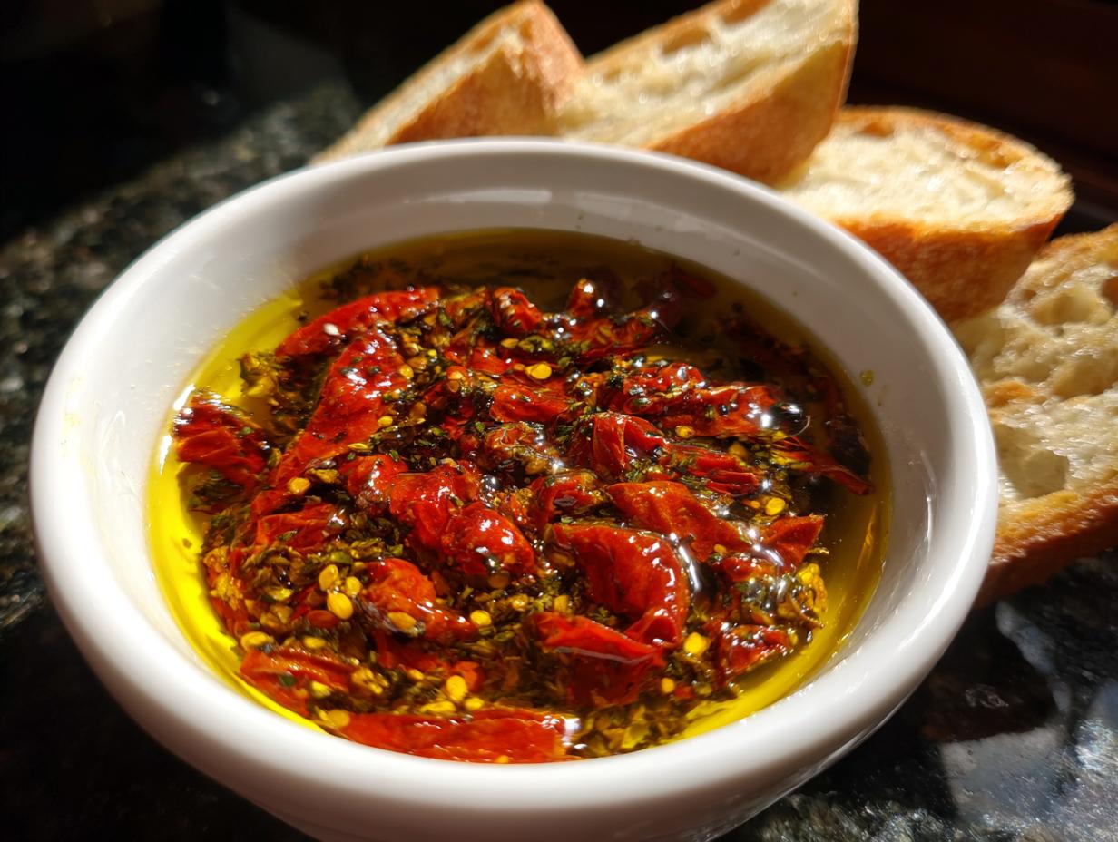 Close-up of sun-dried tomato olive oil bread dip with herbs, served with slices of crusty bread.