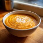 A close-up of vibrant orange sweet potato coconut curry soup, swirled with cream and pepper.