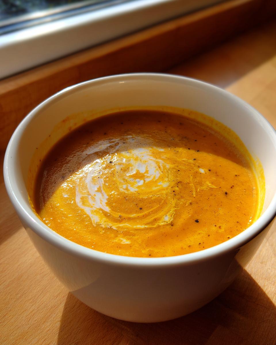Close-up of vibrant orange sweet potato coconut curry soup topped with a swirl of coconut cream.