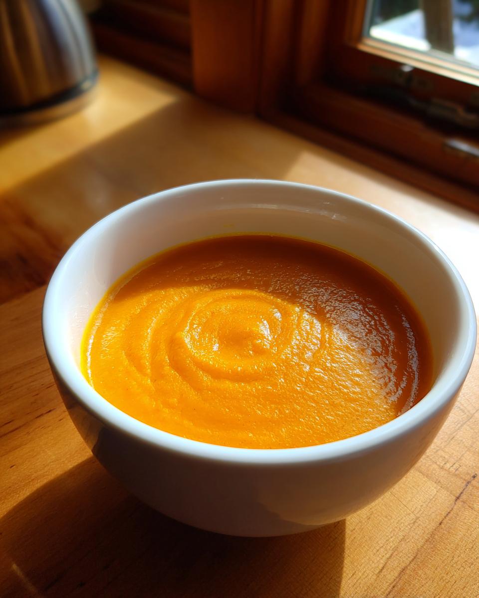A close-up of creamy, vibrant orange sweet potato coconut curry soup served in a white bowl.