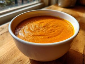 A close-up of a bowl filled with vibrant orange sweet potato coconut curry soup, lightly seasoned with pepper.